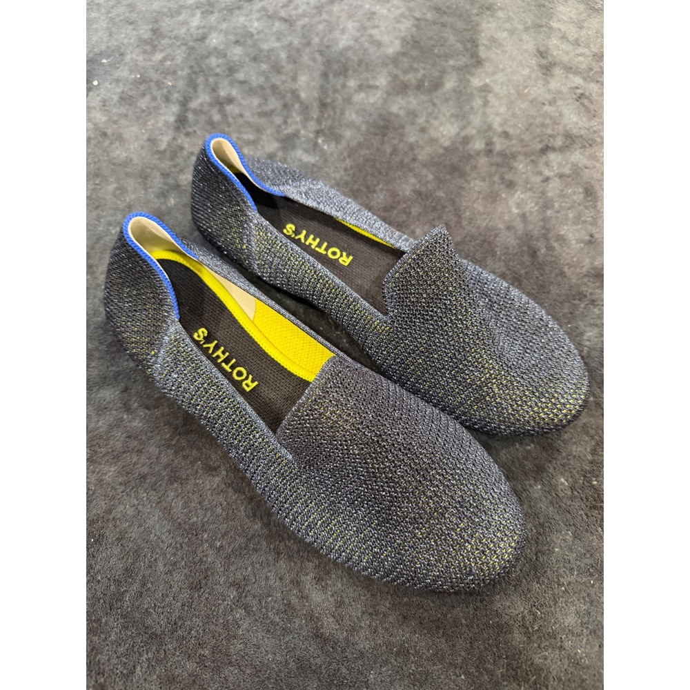 Rothys The Loafer Charcoal Grey Metallic Yellow Knit Flats Womens 8.5